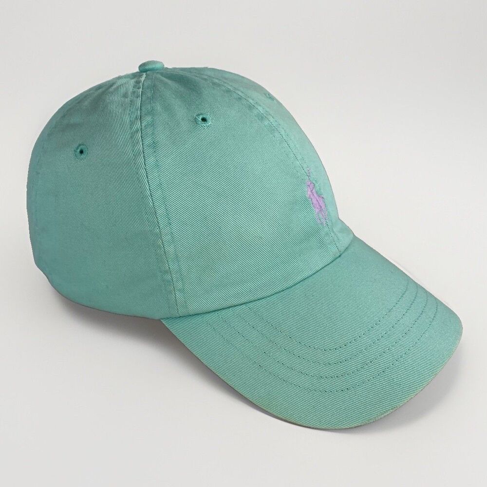 Polo Ralph Lauren Aqua Turquoise Cotton Chino Ball Cap Pink Pony Strap Back Hat